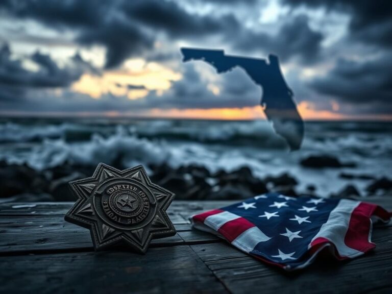 Flick International Dramatic coastal landscape at dusk with crashing waves and a police badge