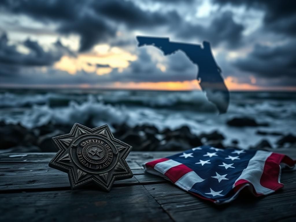 Flick International Dramatic coastal landscape at dusk with crashing waves and a police badge