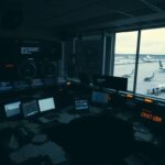 Flick International Dimly lit air traffic control room with radar screens showing error messages