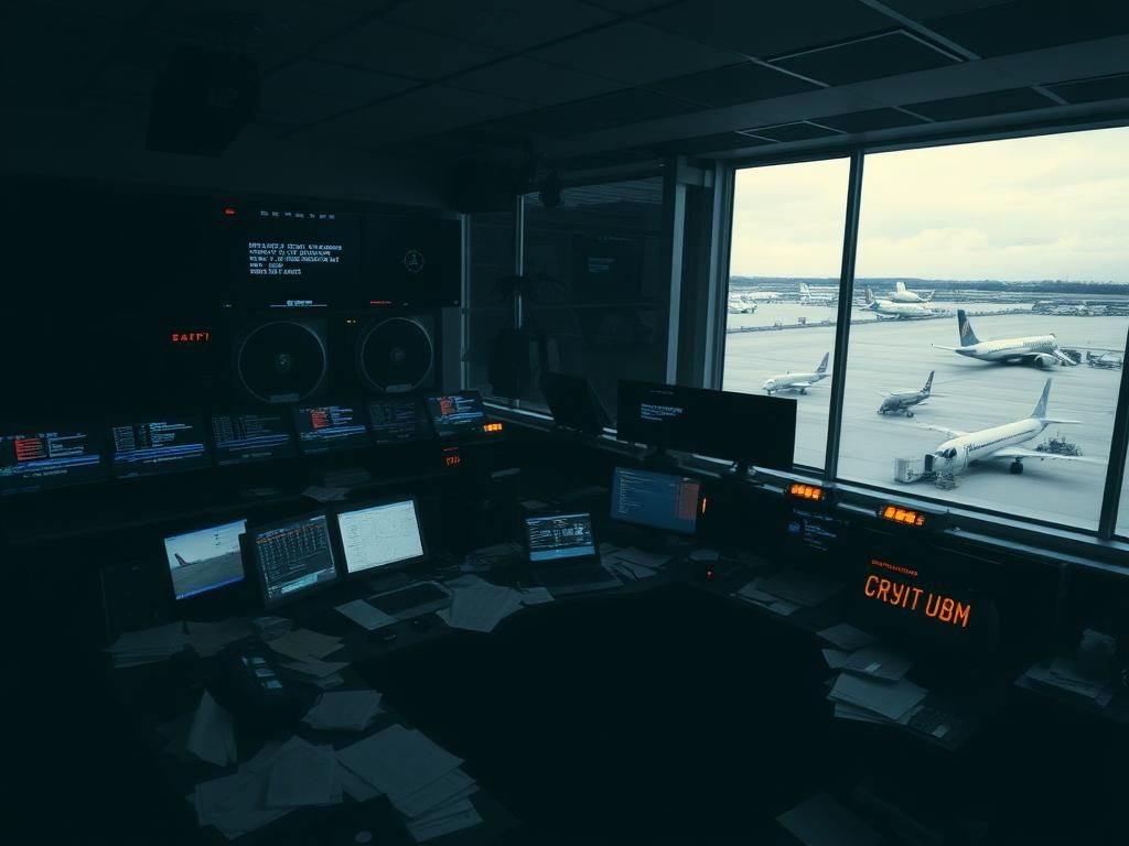 Flick International Dimly lit air traffic control room with radar screens showing error messages