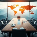 Flick International Modern conference room with panoramic view of Swiss Alps and world map