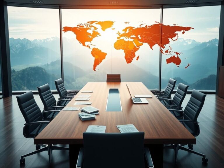Flick International Modern conference room with panoramic view of Swiss Alps and world map