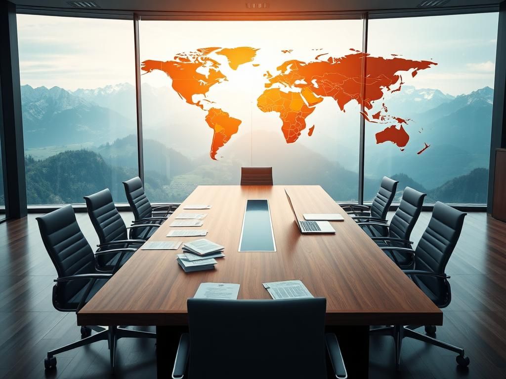 Flick International Modern conference room with panoramic view of Swiss Alps and world map