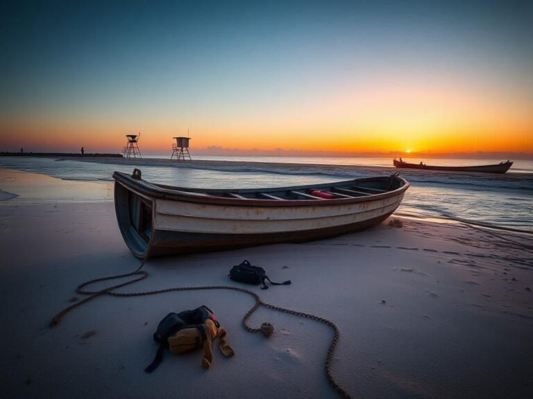 Flick International Overturned panga boat on a beach symbolizing human smuggling tragedy