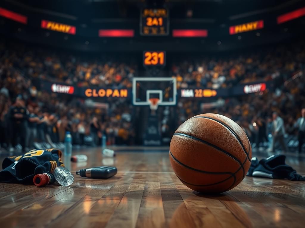 Flick International A tense basketball court scene post-playoff game with a scuffed basketball