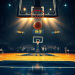 Flick International A dynamic basketball court scene featuring the Indiana Pacers colors with a ball suspended near the hoop.