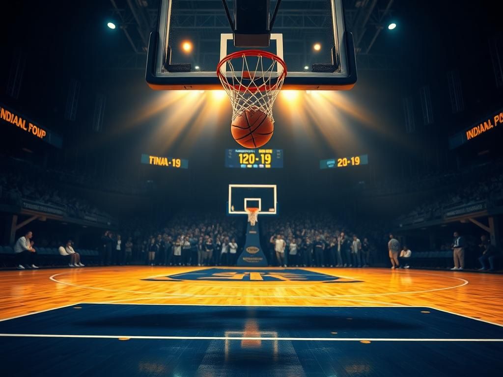 Flick International A dynamic basketball court scene featuring the Indiana Pacers colors with a ball suspended near the hoop.