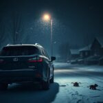 Flick International Dark, parked Lexus SUV on a snowy suburban street at night