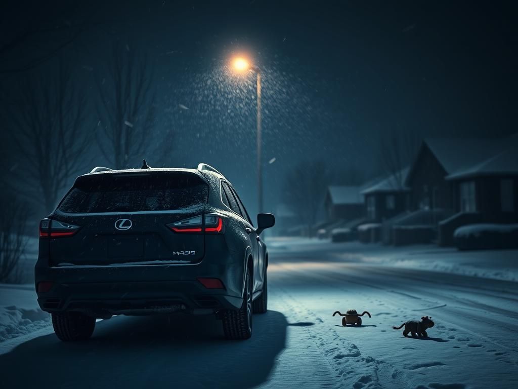 Flick International Dark, parked Lexus SUV on a snowy suburban street at night