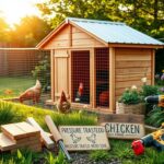Flick International A rustic chicken coop surrounded by lush green grass and vibrant flowers in a serene backyard.
