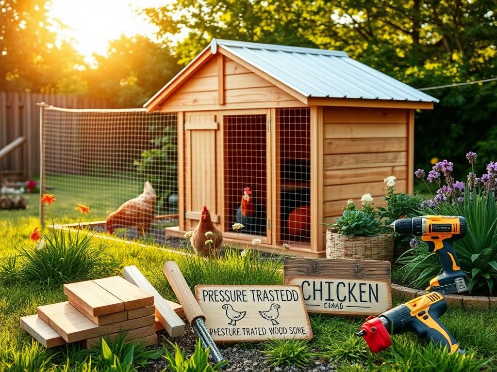 Flick International A rustic chicken coop surrounded by lush green grass and vibrant flowers in a serene backyard.