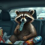 Flick International Raccoon with a meth pipe in its mouth sitting in a cluttered car interior