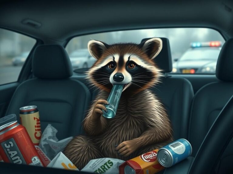 Flick International Raccoon with a meth pipe in its mouth sitting in a cluttered car interior