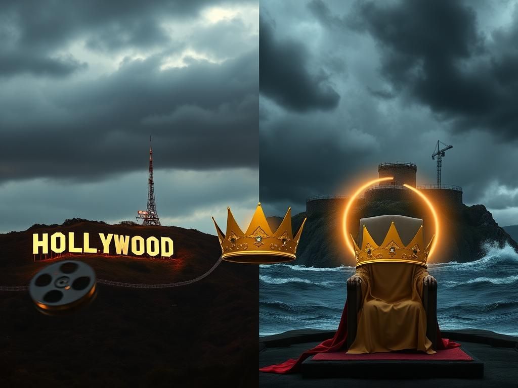 Flick International A split-image showing Hollywood skyline and Alcatraz Island, symbolizing political tension.