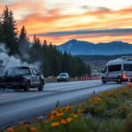 Flick International aftermath of a pedestrian collision near Yellowstone National Park with a charred pickup truck and tour van