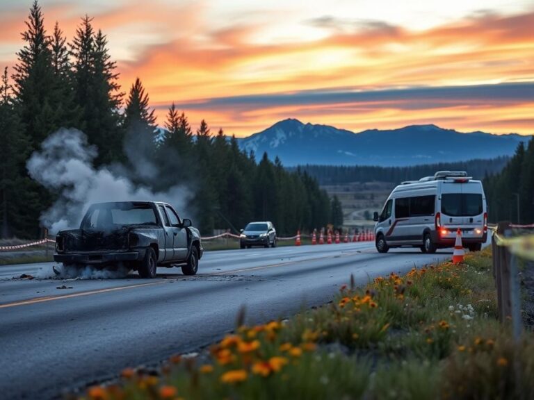Flick International aftermath of a pedestrian collision near Yellowstone National Park with a charred pickup truck and tour van
