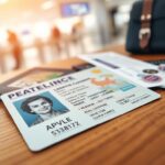 Flick International Close-up shot of a REAL ID-compliant driver's license on a wooden table with a TSA security checkpoint in the background