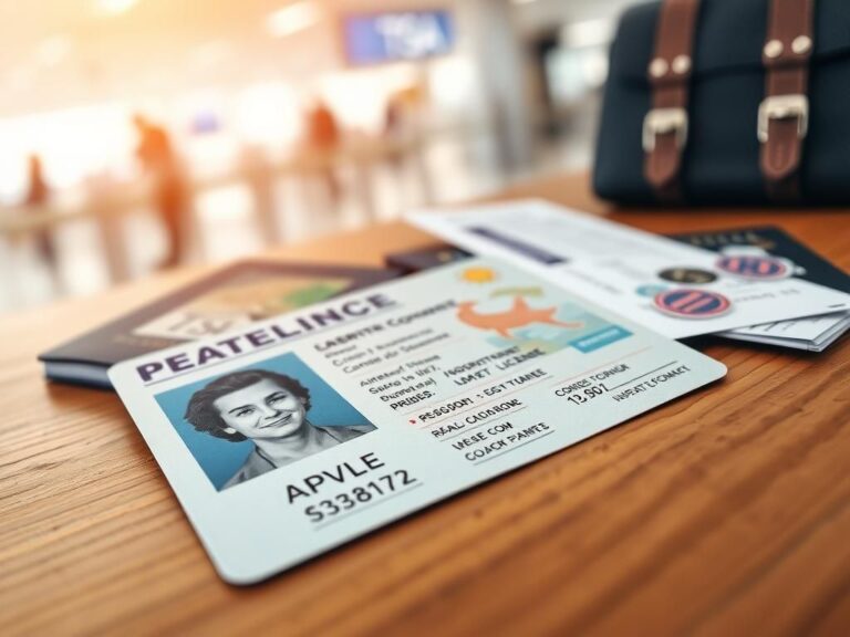 Flick International Close-up shot of a REAL ID-compliant driver's license on a wooden table with a TSA security checkpoint in the background