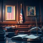 Flick International Dramatic courtroom scene with judge's bench and law books