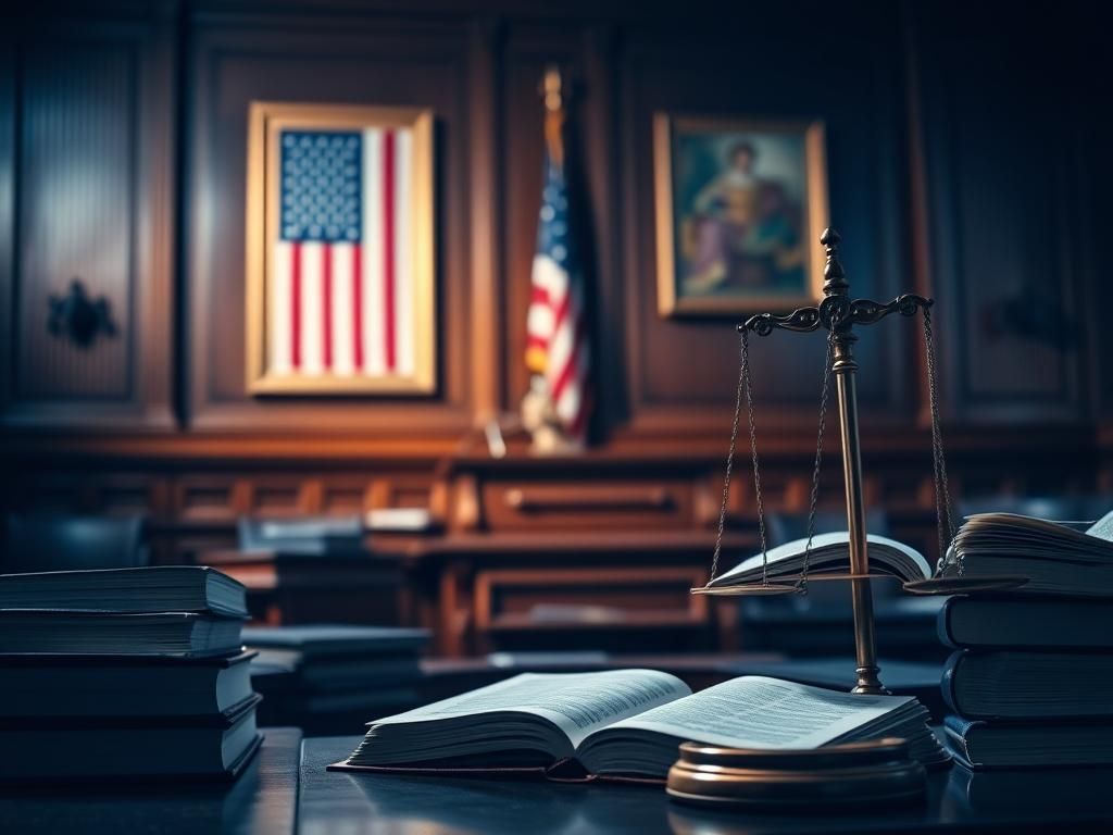 Flick International Dramatic courtroom scene with judge's bench and law books
