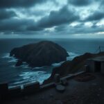 Flick International A rugged island landscape resembling San Clemente Island with jagged cliffs and stormy seas