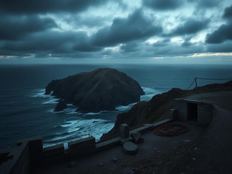 Flick International A rugged island landscape resembling San Clemente Island with jagged cliffs and stormy seas