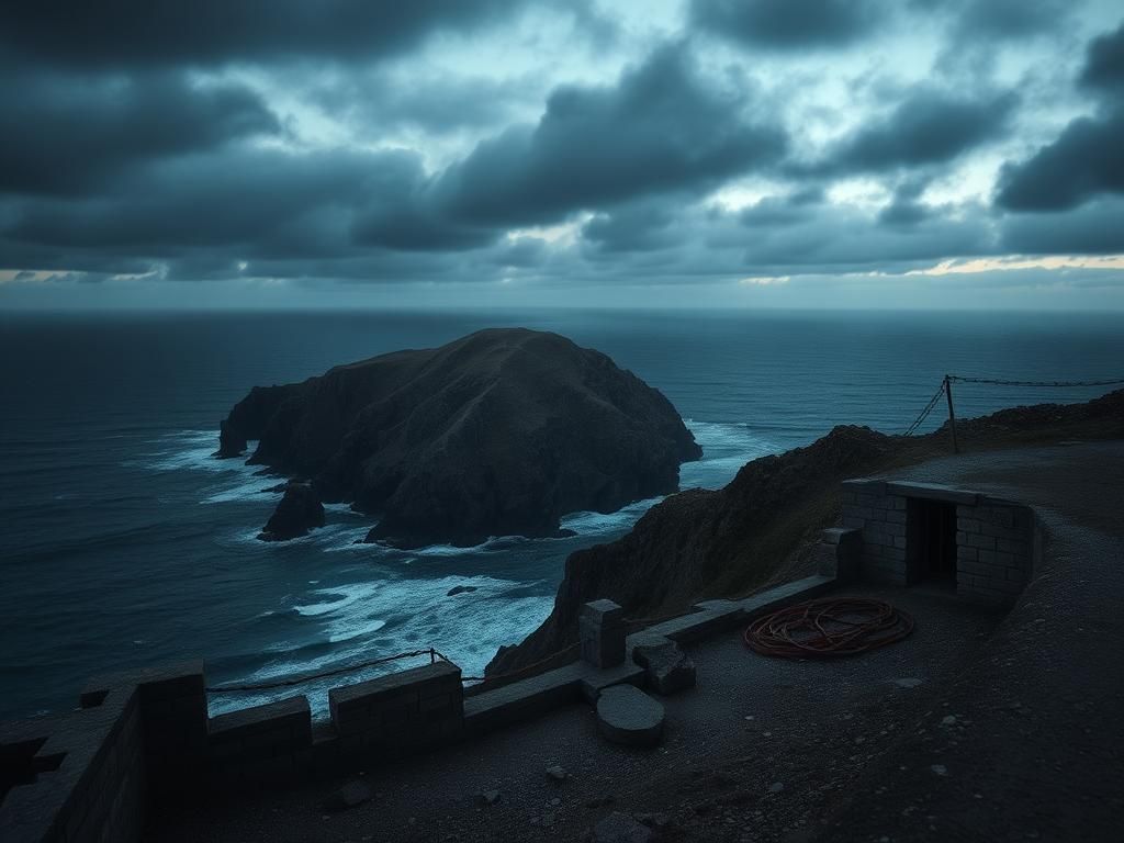 Flick International A rugged island landscape resembling San Clemente Island with jagged cliffs and stormy seas