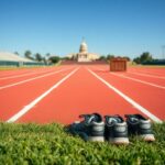 Flick International Close-up view of an empty running track with worn athletic shoes, symbolizing the controversy of transgender athletes in women's sports.