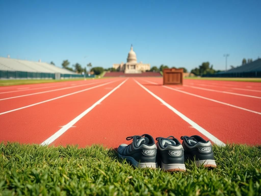 Flick International Close-up view of an empty running track with worn athletic shoes, symbolizing the controversy of transgender athletes in women's sports.