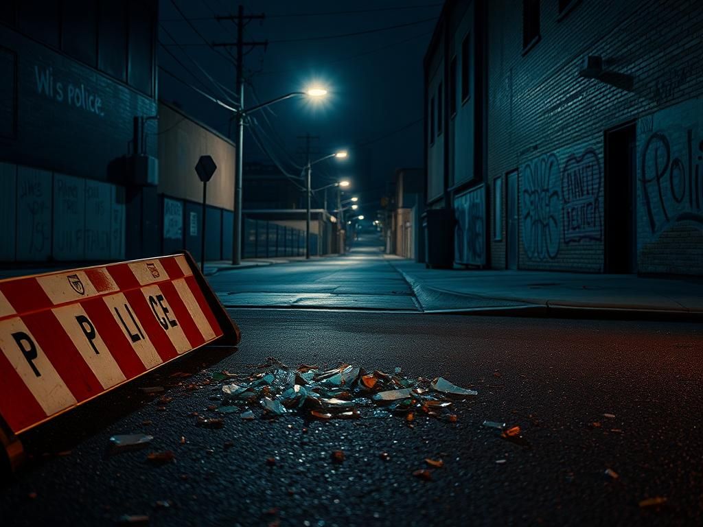 Flick International A broken police barricade and shattered glass on the asphalt in a dimly lit Minneapolis street scene.