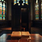 Flick International A dimly lit confession booth in a traditional Catholic church interior illustrating the impact of Washington state law on clergy confessions