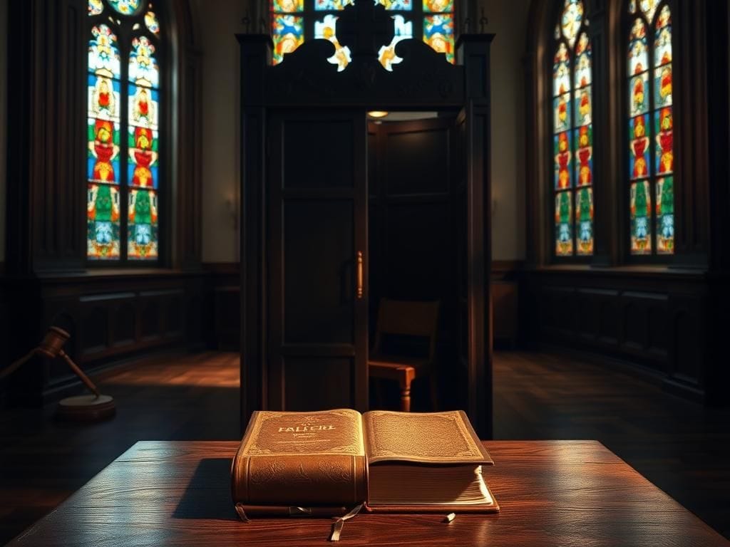 Flick International A dimly lit confession booth in a traditional Catholic church interior illustrating the impact of Washington state law on clergy confessions