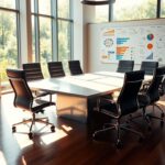 Flick International Modern corporate office interior with a sleek conference table and empty high-backed chairs