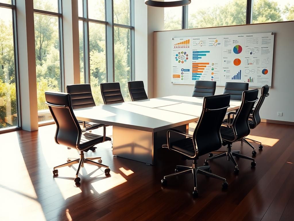 Flick International Modern corporate office interior with a sleek conference table and empty high-backed chairs