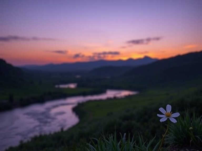 Flick International Serene landscape at twilight with a river and blooming white flower symbolizing hope