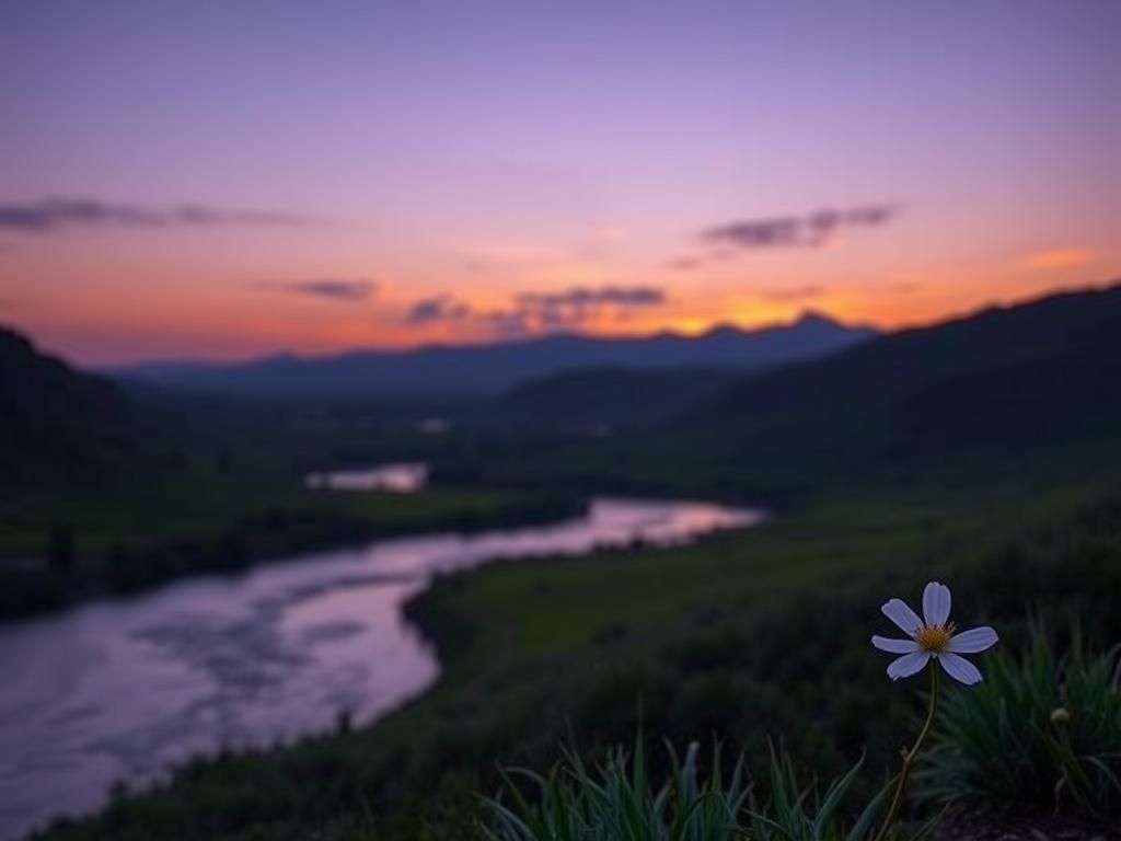 Flick International Serene landscape at twilight with a river and blooming white flower symbolizing hope