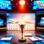 Flick International Modern newsroom set with bright digital screens and political symbols