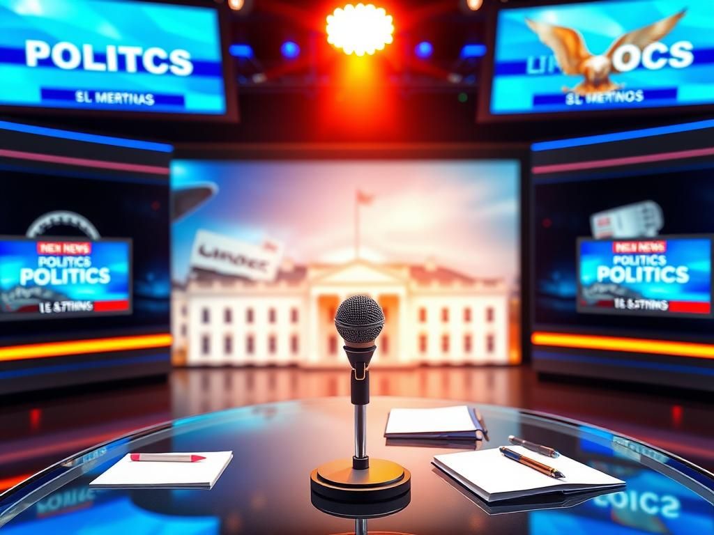 Flick International Modern newsroom set with bright digital screens and political symbols