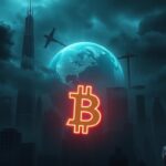Flick International A dystopian cityscape with looming skyscrapers and a glowing digital currency symbol amidst dark clouds