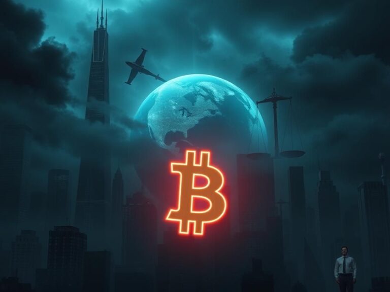 Flick International A dystopian cityscape with looming skyscrapers and a glowing digital currency symbol amidst dark clouds