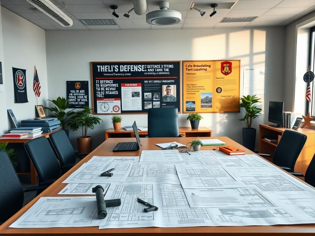 Flick International A serene, modern office space filled with military-themed decor symbolizing the transition to civilian defense jobs