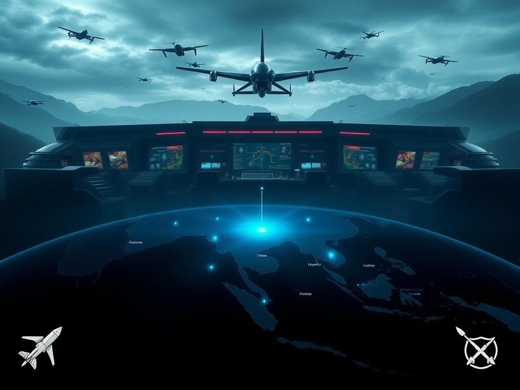 Flick International A modern military command center with advanced technology and drones
