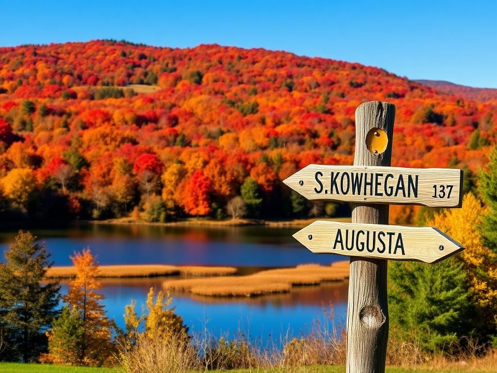 Flick International Vibrant autumn landscape in Maine with colorful fall foliage and a rustic signpost