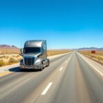 Flick International A sleek driverless big rig robotruck cruising on a Texan highway under a clear blue sky