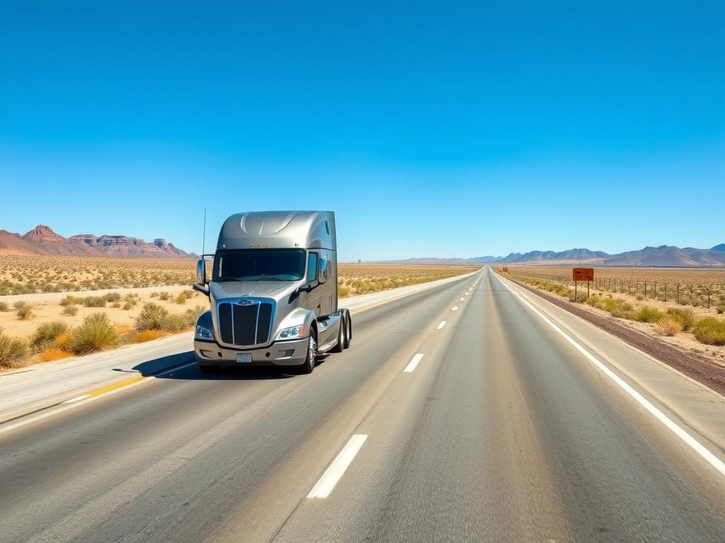 Flick International A sleek driverless big rig robotruck cruising on a Texan highway under a clear blue sky