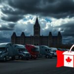 Flick International A dramatic depiction of the Canadian Parliament building amidst a turbulent sky, symbolizing political unrest.