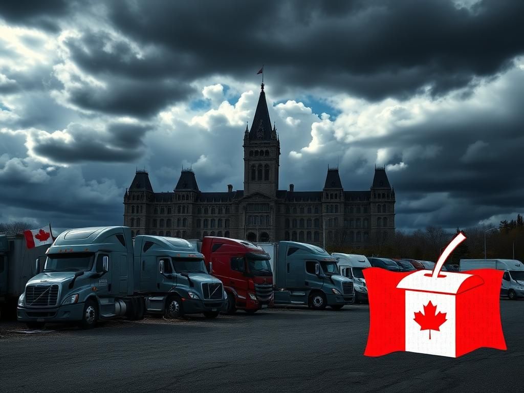 Flick International A dramatic depiction of the Canadian Parliament building amidst a turbulent sky, symbolizing political unrest.