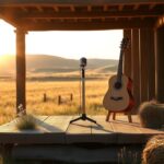 Flick International Rustic wooden stage in a sunlit field with acoustic guitar and vintage microphone
