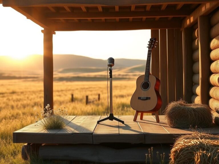 Flick International Rustic wooden stage in a sunlit field with acoustic guitar and vintage microphone