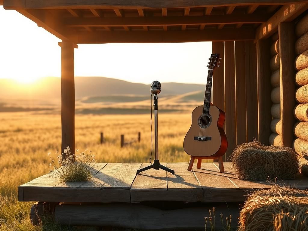 Flick International Rustic wooden stage in a sunlit field with acoustic guitar and vintage microphone